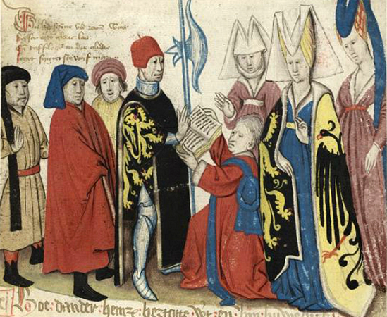 Mariage d'Henri II de Brabant et de Marie de Hohenstaufen - Miniature par Jan van Boendale - Bibliothèque royale de Belgique